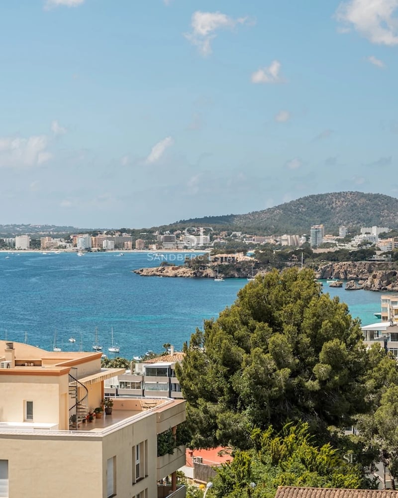 View of a luxury pool with lounge chairs and umbrellas in a manicured garden. Modern facade with large windows.