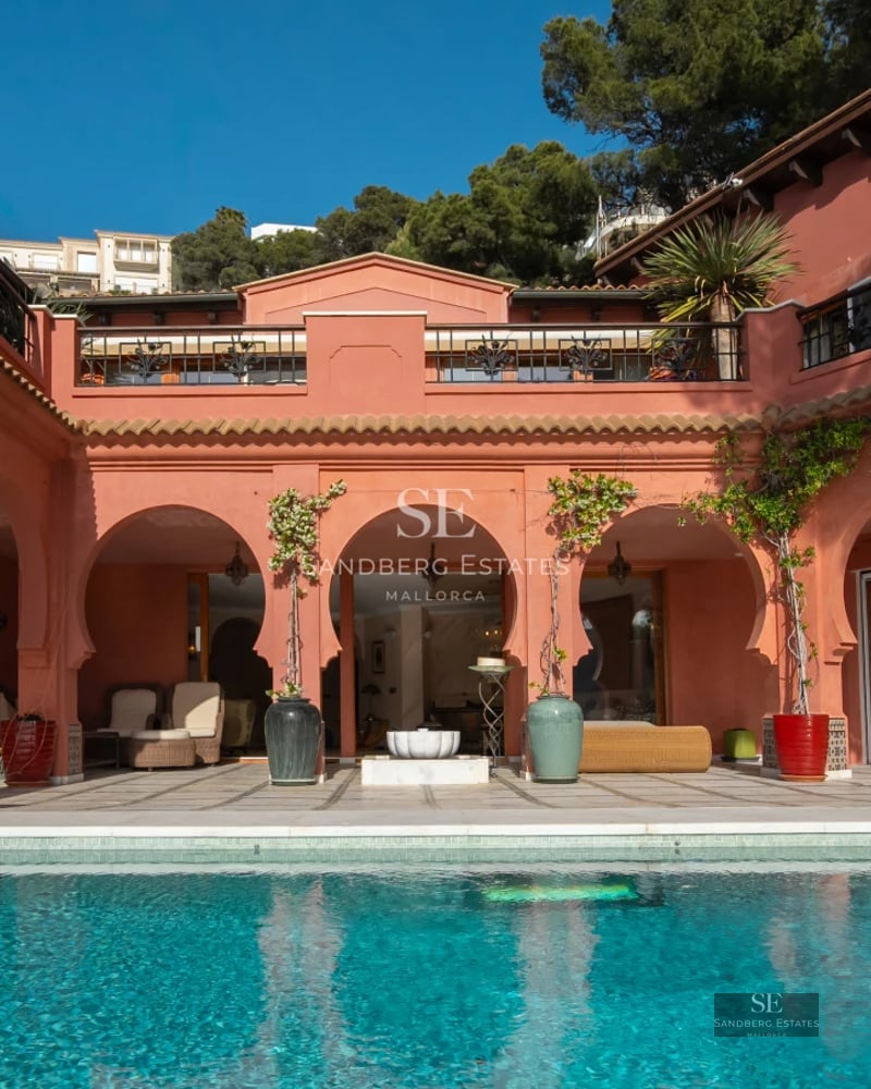 Modern exterior with infinity pool, manicured garden, spacious terrace, and panoramic views. Minimalist architecture with clean lines.