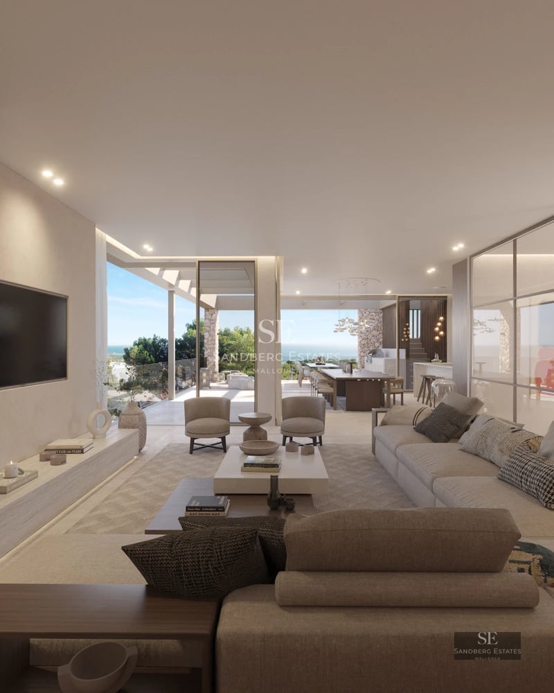 Exterior view of a modern house featuring an infinity pool, manicured garden and sleek architectural design. Bright and spacious.