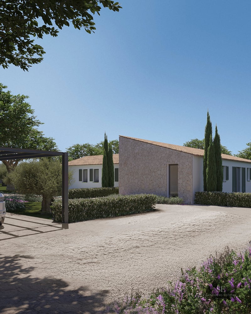 Modern Mediterranean villa with stone accents, a landscaped gravel driveway, and a luxury SUV under a black pergola.
