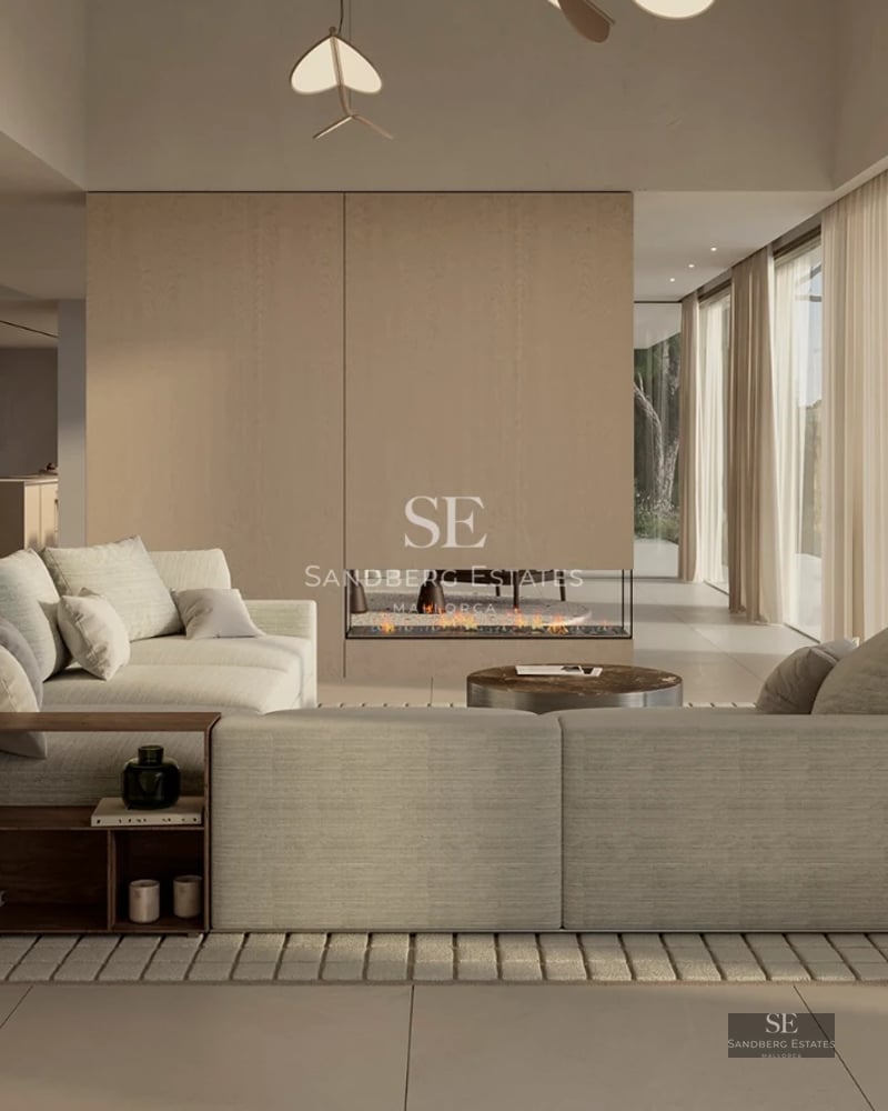 Aerial view of a modern villa with a pool, surrounded by greenery. Minimalist architecture with clean lines and large windows.