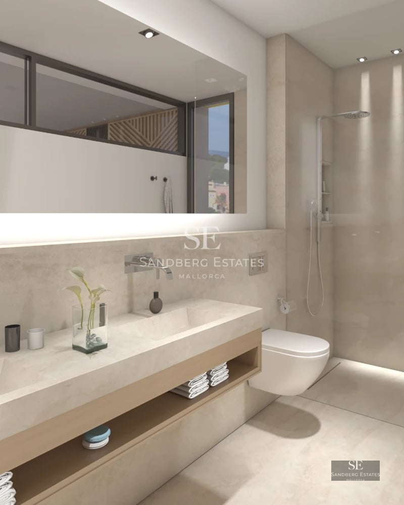 Spacious terrace featuring an infinity pool, sun loungers, and panoramic views. Modern architecture with clean lines and large windows.