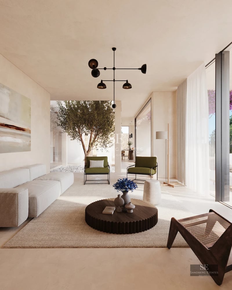 Bright living room with large windows, outdoor pool, modern furniture and minimalist design. Elegance and comfort in every detail.