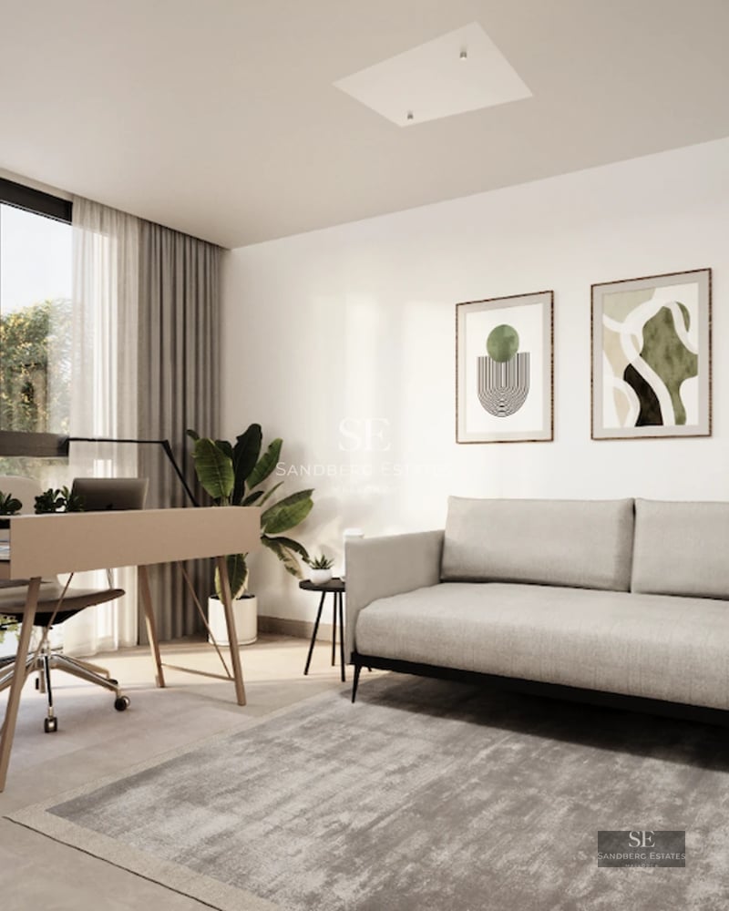 Spacious terrace with pool and panoramic views. Modern design, stylish loungers, and lush greenery. Ambient lighting.