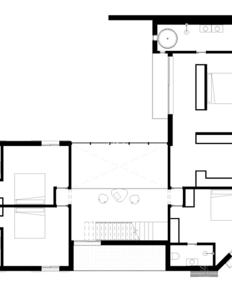 Spacious pool with coastal views. Modern architecture with large windows and lush landscaping. Elegant outdoor furniture.