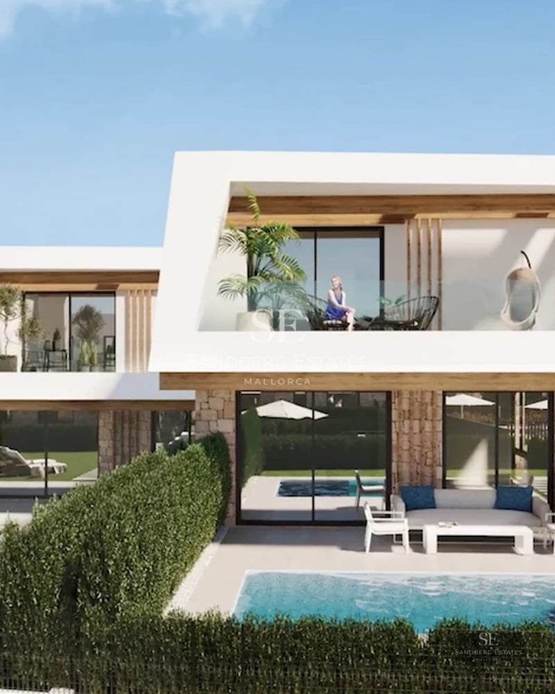 View of modern villa with reflective pool. Glass facade, lush garden, and minimalist design. Soft ambient lighting.