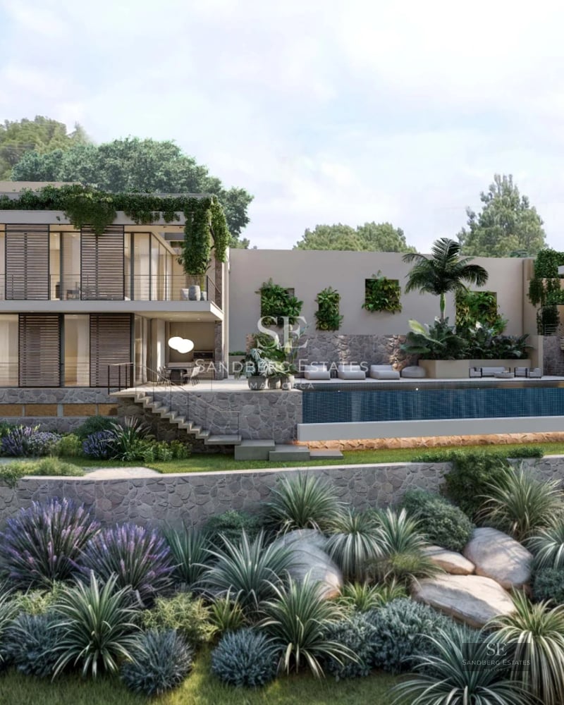 Exterior view of a modern house with a pool. Minimalist design, large windows, and manicured landscaping. Warm ambient lighting.