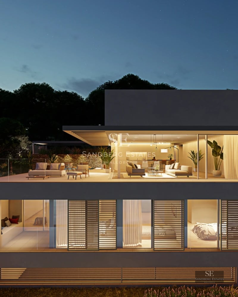 Exterior of a modern villa with an infinity pool, expansive terraces, and minimalist architectural design. Lush gardens and panoramic views.