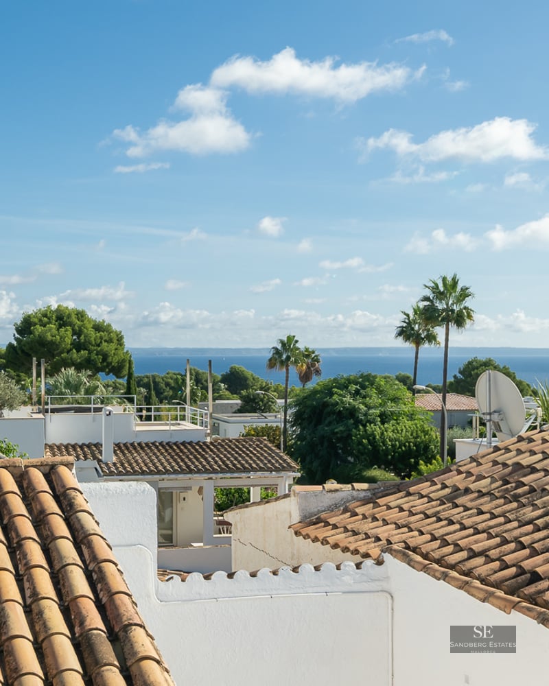 Elevated view of terracotta roofs, white walls, and palm trees with the blue sea in the background under a sunny sky.