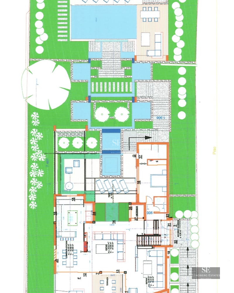 Exterior view of a modern villa with an infinity pool, expansive terraces, and lush greenery. Avant-garde architectural design.