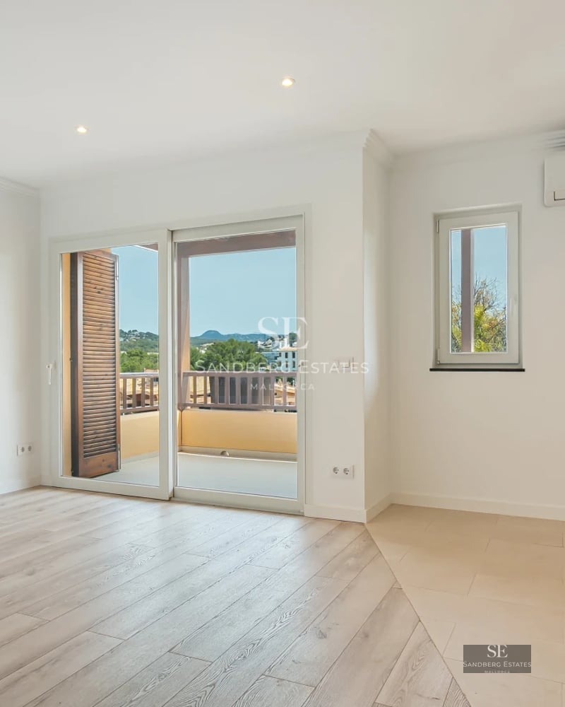 Exterior view of a luxurious property with a pool, lush garden and modern architecture. Minimalist design with large windows.