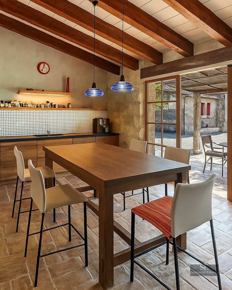 Kitchen with wooden beams, terracotta flooring, and large glass doors leading to an outdoor courtyard.