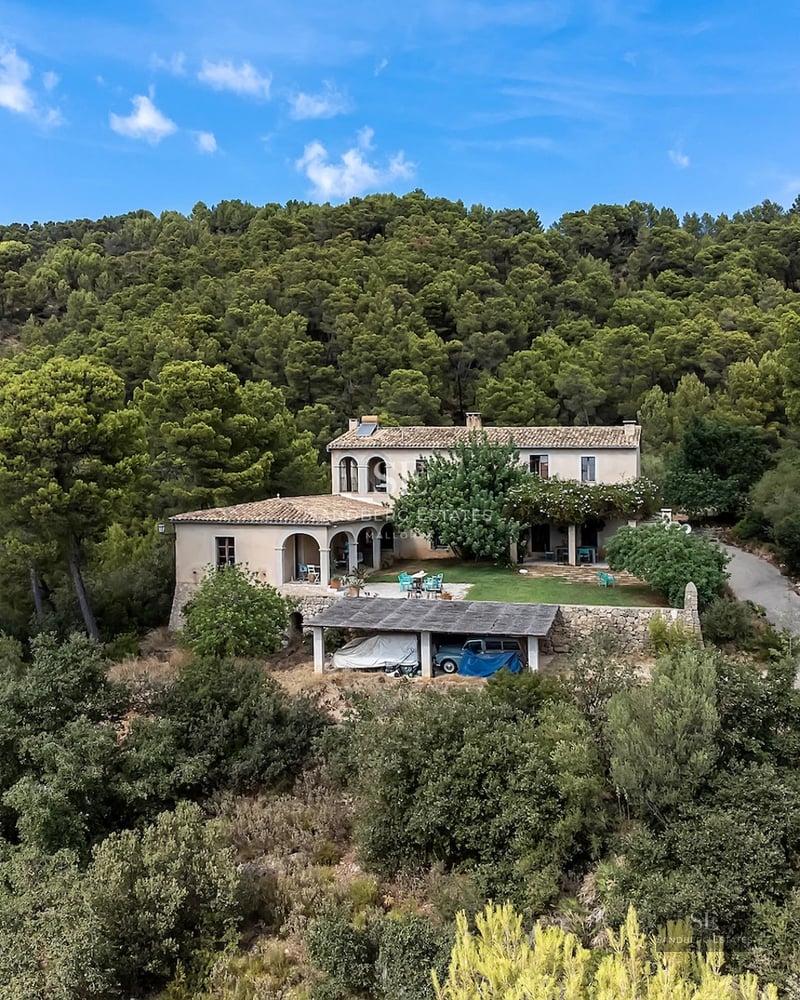 View of a modern pool surrounded by lush greenery. Minimalist architecture with large windows and high-quality finishes.