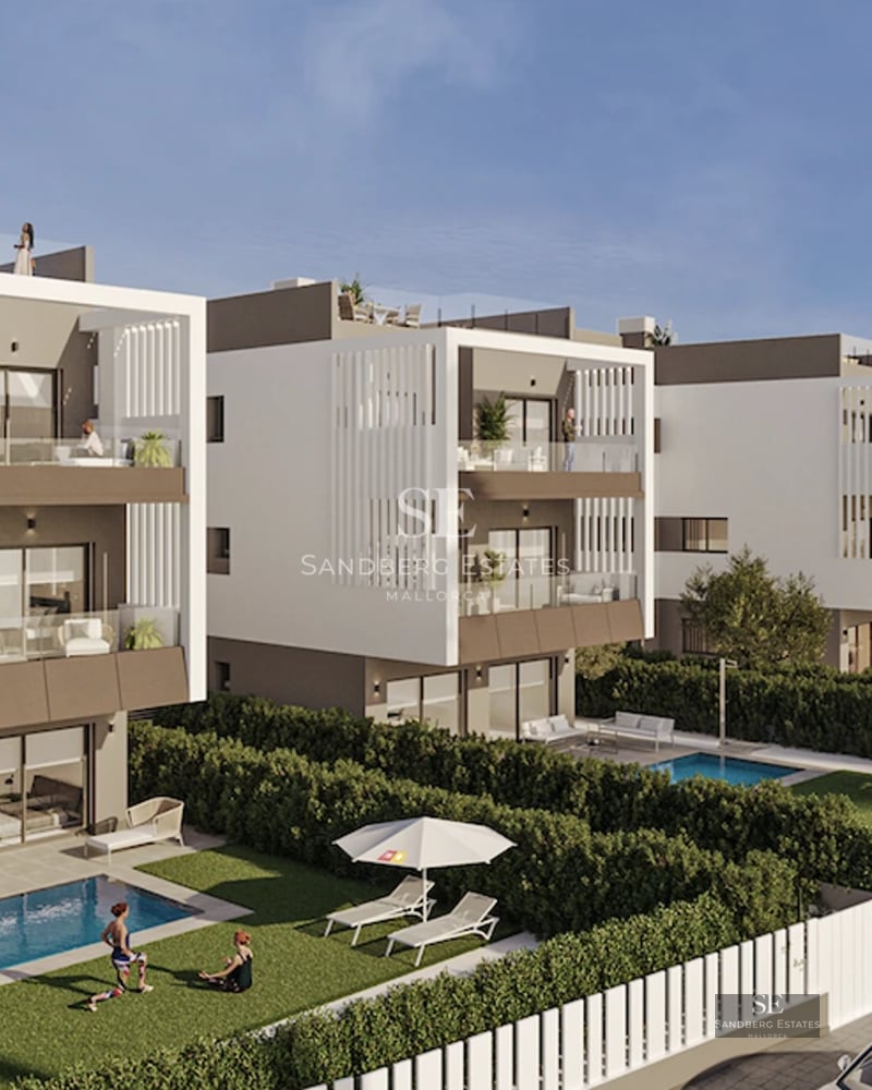 Aerial view of a luxurious modern house with a pool, manicured garden, and spacious terraces. Minimalist architecture.