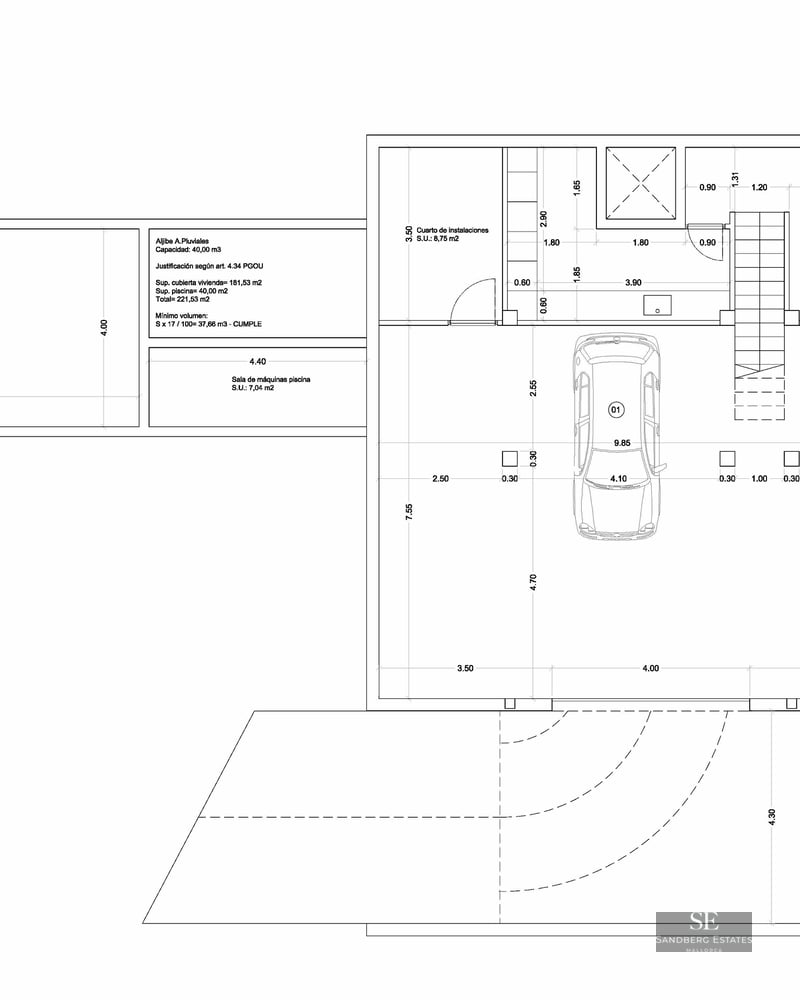 Detailed architectural floor plan of the basement level featuring a multi-car garage, storage rooms, and pool layout.