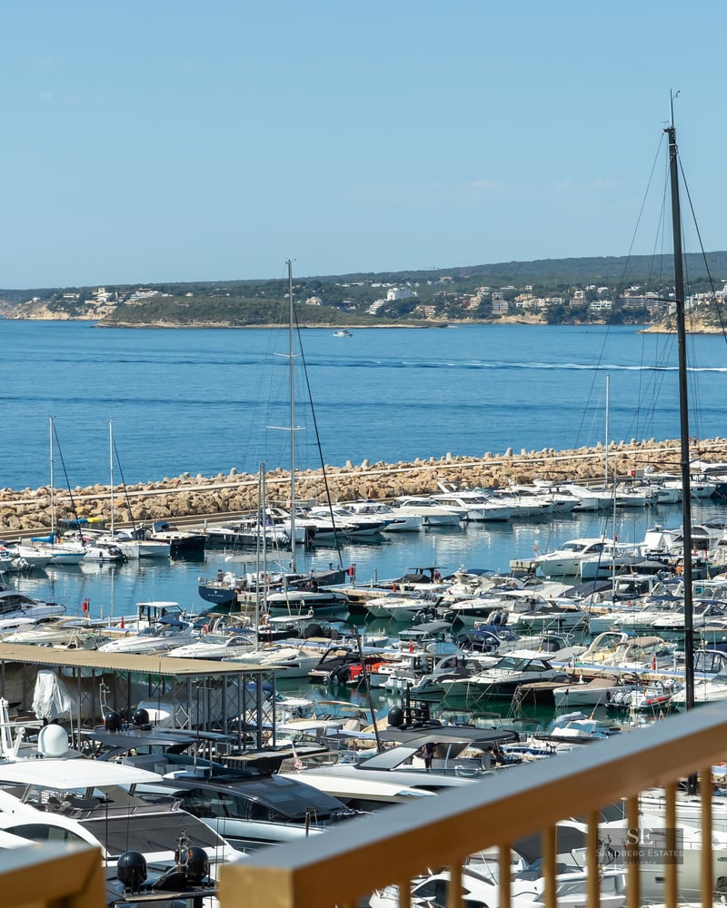 Panoramic view of a luxury marina with yachts and the blue Mediterranean sea from a terrace.