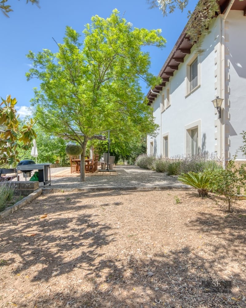 Sunny gravel garden with mature shade trees, outdoor dining set, and white Mediterranean house facade.