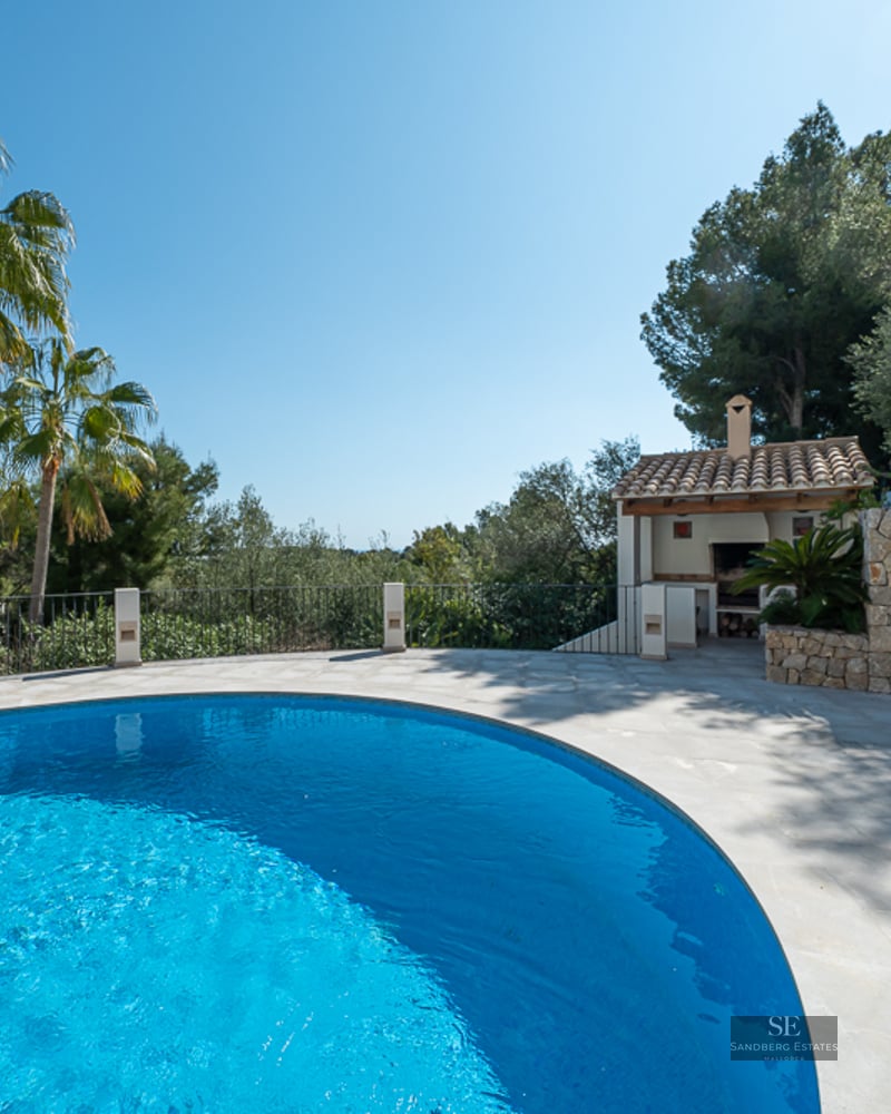 Une piscine bleue éclatante de forme courbe entourée d'une terrasse en pierre, de palmiers et d'un barbecue rustique.