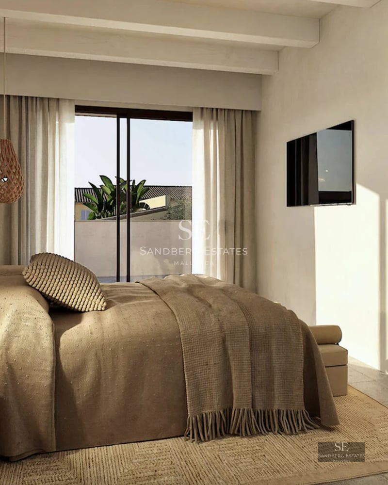 View of a luxurious pool surrounded by gardens with an elegant modern house in the background. Minimalist architecture and landscaping.