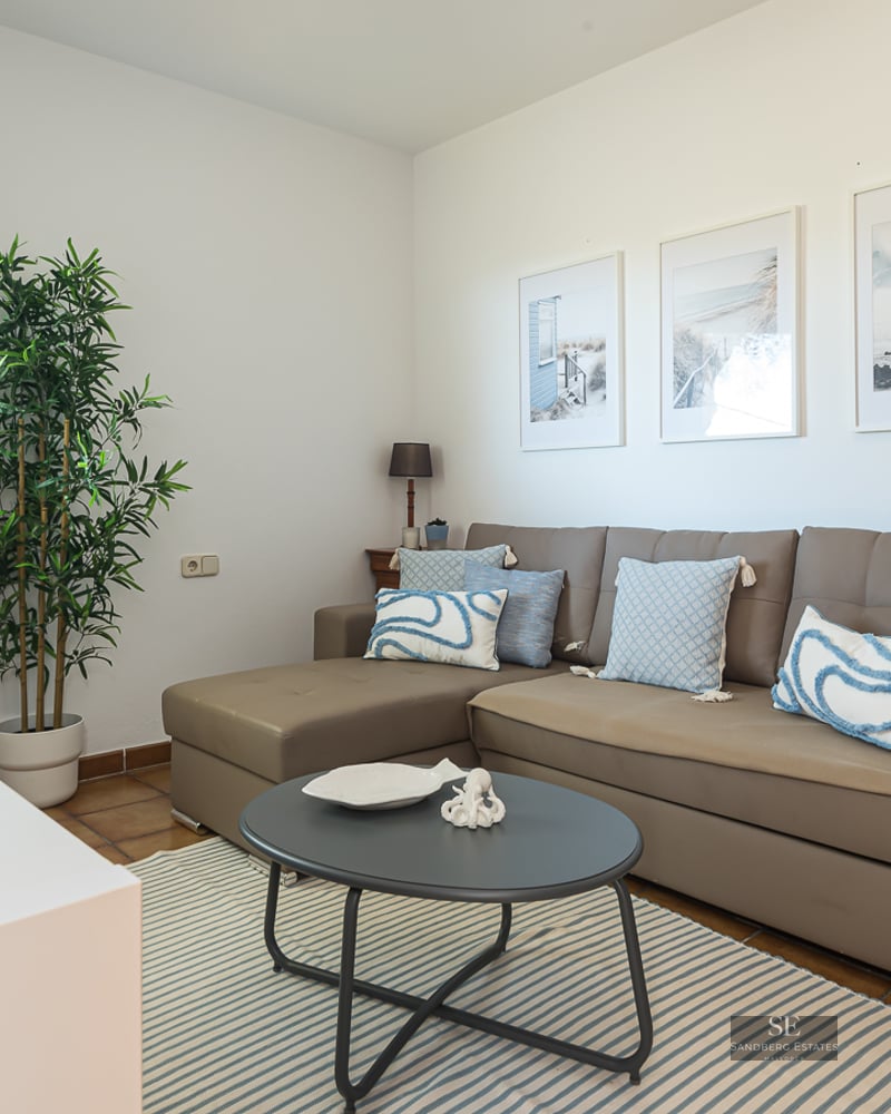 A bright living room featuring a taupe L-shaped sofa with blue cushions, a striped rug, and coastal-themed wall art.