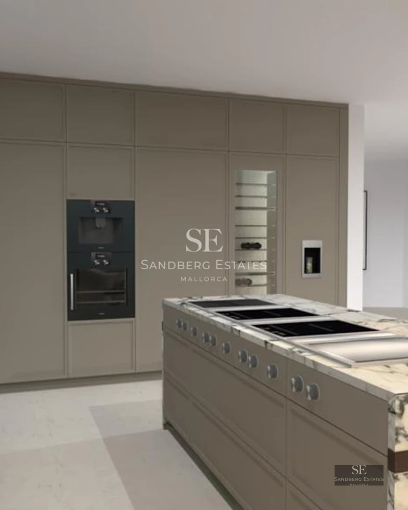 Exterior view of a modern house with a pool, large windows, and terrace. Minimalist design with lush gardens.