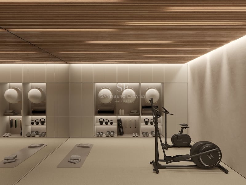 Modernes Fitnessstudio mit Holzlatten-Decke, Cardiogeräten, Yogamatten und organisierten Gewichten.