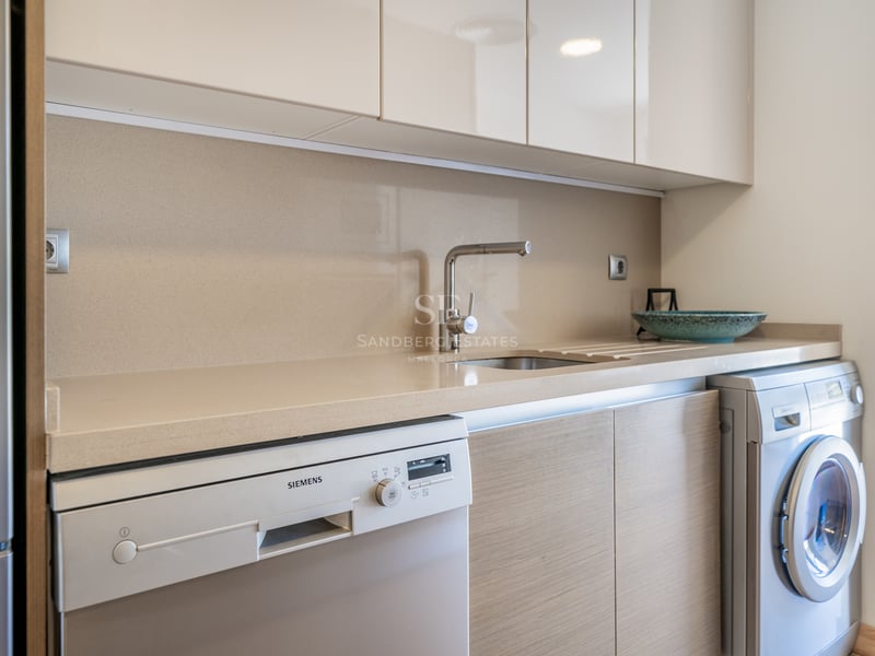 Espace utilitaire moderne avec plan de travail en quartz, évier en inox et appareils Siemens intégrés.