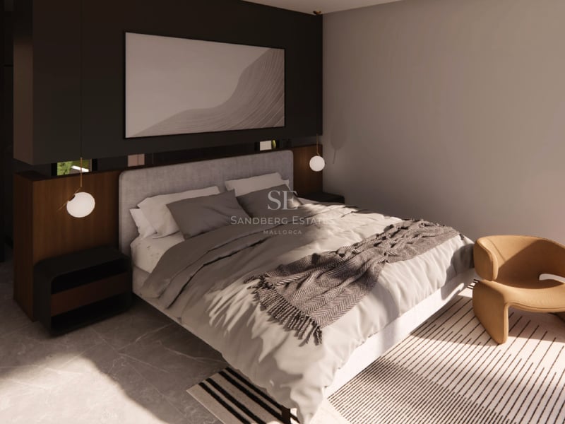 Chambre moderne avec lit gris, accents en noyer, suspensions sphériques et fauteuil design ocre.