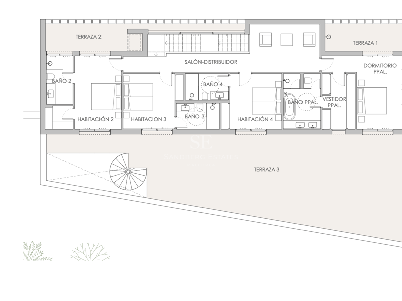 Plan 2D du premier étage montrant quatre chambres, plusieurs salles de bains et une vaste terrasse périphérique.