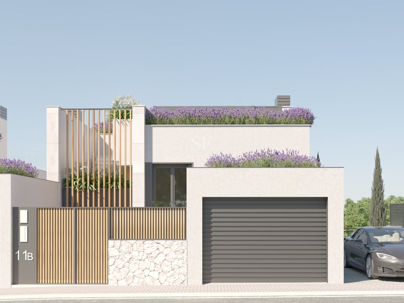 Architectural view of a white modern villa with wooden slats, stone walls, and lavender roof gardens.