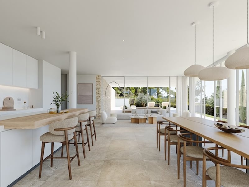 Vue grand-angle d'une cuisine blanche minimaliste et d'un coin repas avec de grandes baies vitrées sur un jardin.