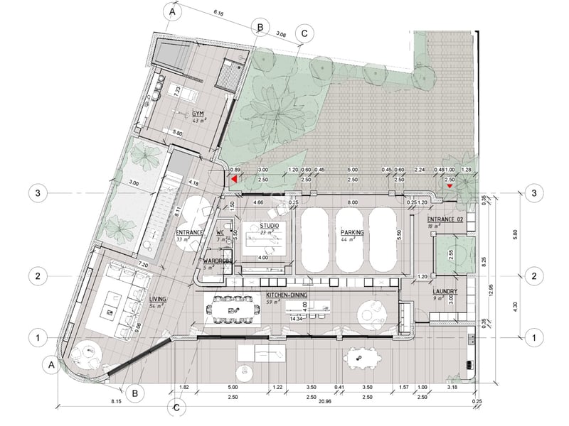 Plan d'architecte 2D montrant un salon ouvert, une cuisine, une salle de sport et un parking pour trois voitures.