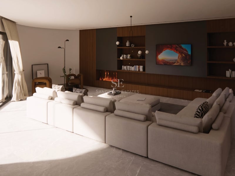 Espace de vie moderne avec canapé modulaire, mur en boiseries, cheminée intégrée et finitions en marbre.