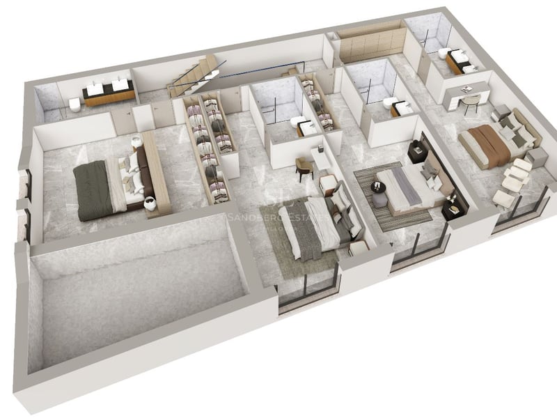 Plan architectural 3D montrant trois chambres en suite, des dressings et des sols en marbre gris.