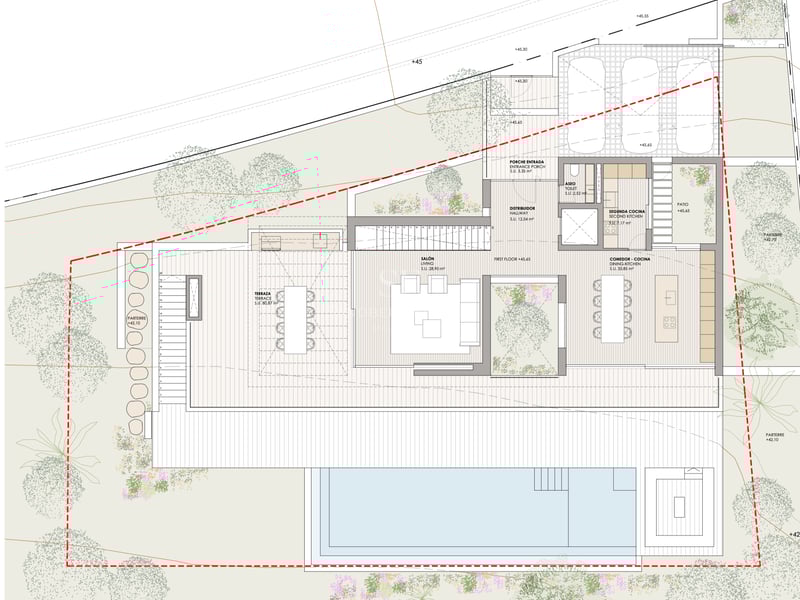 Plan d'architecte du premier étage incluant salon, cuisine, terrasse de 80m2, piscine et parking pour 3 voitures.