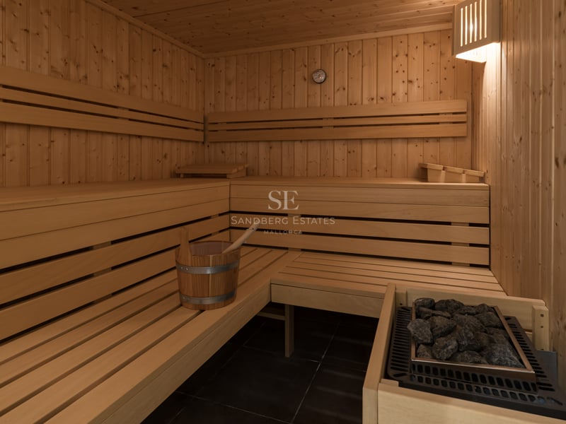 Vue intérieure d'un sauna en bois avec bancs à plusieurs niveaux, poêle à pierres et seau en bois.