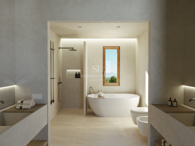 Salle de bain minimaliste moderne avec baignoire ovale blanche, douche à l'italienne et doubles vasques en béton.