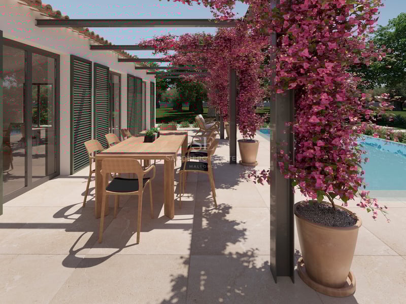Terrasse ensoleillée avec table en bois, bougainvilliers roses sur une pergola et piscine turquoise.