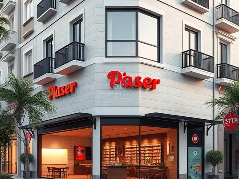 Immeuble d'angle contemporain avec façade en pierre, grandes vitrines et balcons noirs minimalistes.