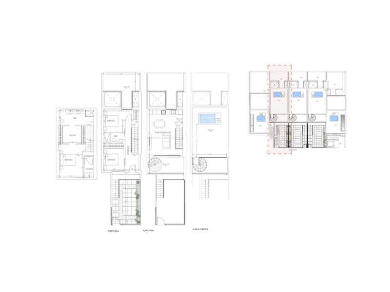 Technical architectural drawing showing ground floor, first floor, and rooftop terrace with private pool.