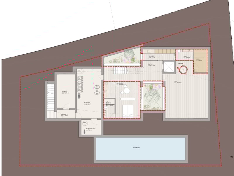 Plan d'architecte du niveau inférieur d'une villa de luxe comprenant un spa, un sauna, un appartement d'invités et des locaux techniques.
