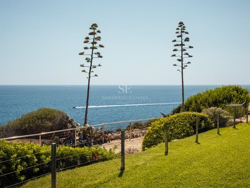 Jardin côtier avec pelouse, deux agaves et vue imprenable sur la mer azur avec un bateau à l'horizon.