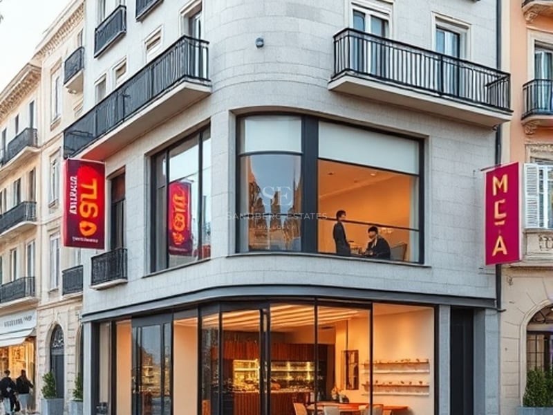 Vue d'angle d'un immeuble en pierre avec des vitrines modernes et des balcons en fer forgé.