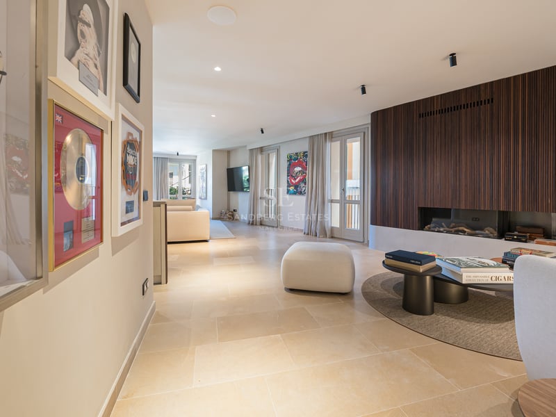 Séjour moderne avec mur en lattes de bois, cheminée, sol en pierre et décoration artistique.