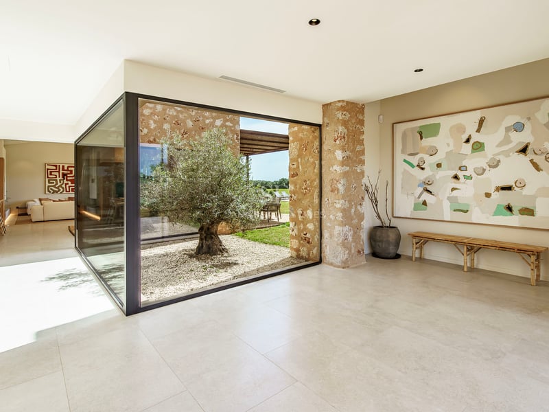 Moderner Flur mit bodentiefen Glasfenstern, die einen Innenhof mit einem Olivenbaum und Natursteinwänden zeigen.