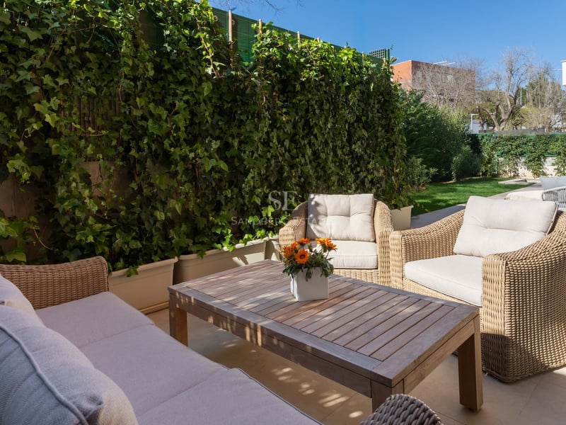 Modern wicker lounge furniture on a stone terrace bordered by a dense ivy wall under clear daylight.