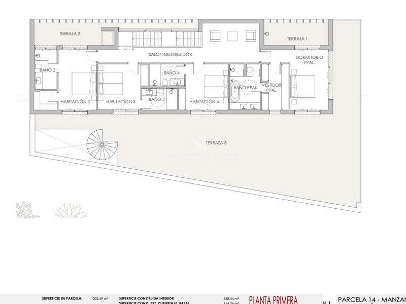 Plan technique en 2D montrant quatre chambres, des salles de bains et trois vastes terrasses.
