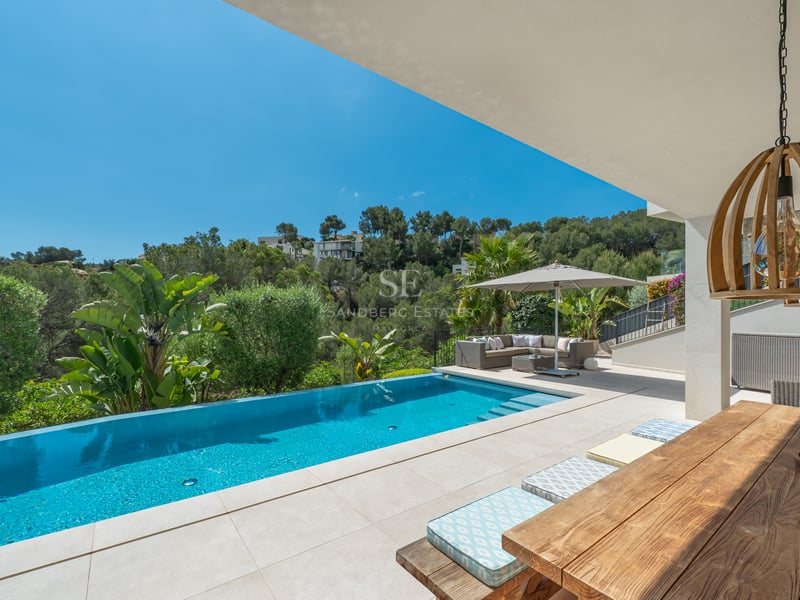 Vaste terrasse avec piscine à débordement, chaises longues élégantes et vue panoramique. Conception moderne avec garde-corps en verre.
