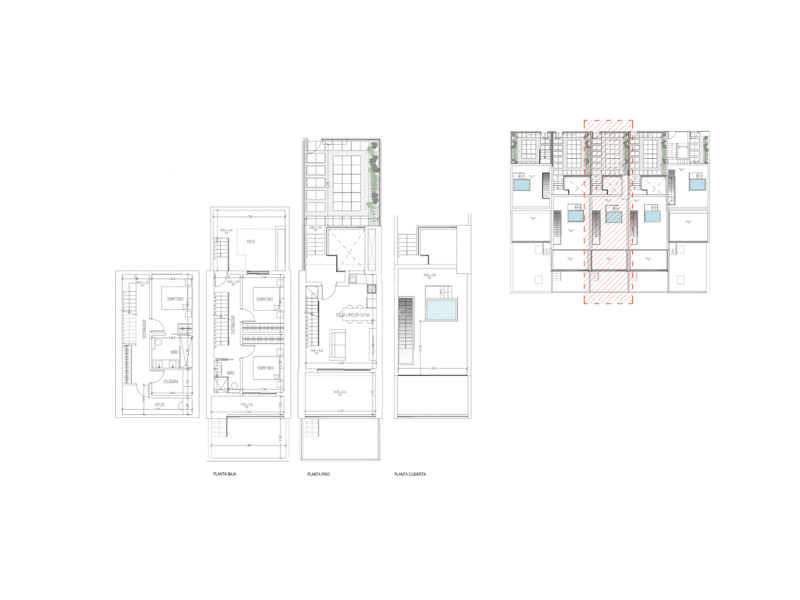 Architectural floor plan showing three levels with bedrooms, open-plan living area, and rooftop terrace with pool.