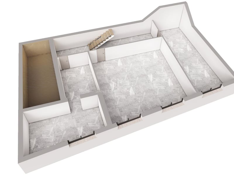 Vue isométrique 3D d'un plan d'étage montrant des sols en marbre, des murs blancs et un escalier en bois.